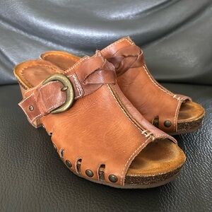Pikolinos Tan Leather Heeled Platform Sandals with Braided Strap Sz 36